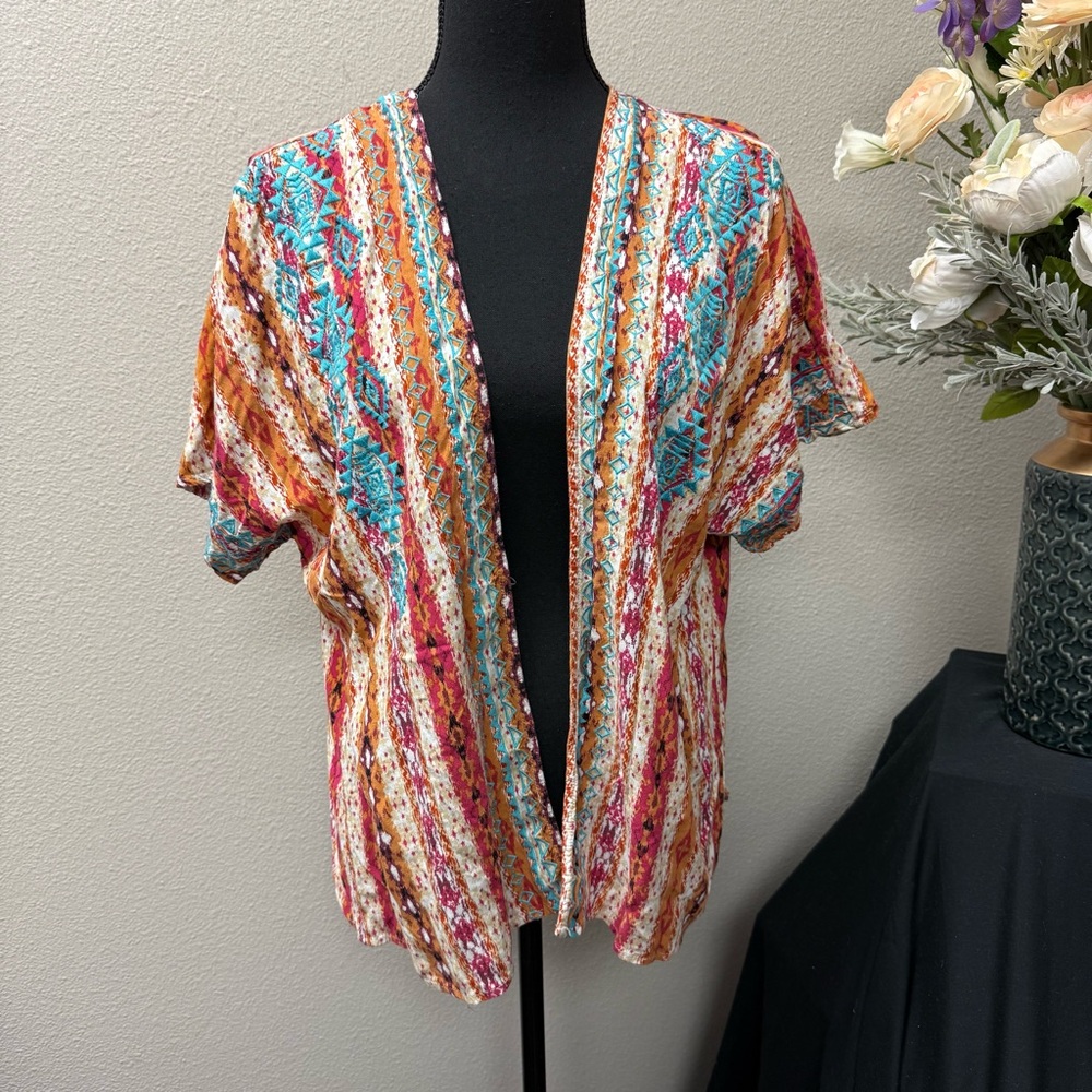 Savanna Jane Boho Aztec Kimono Cardigan M/L Multicolor Tribal Open Front Top